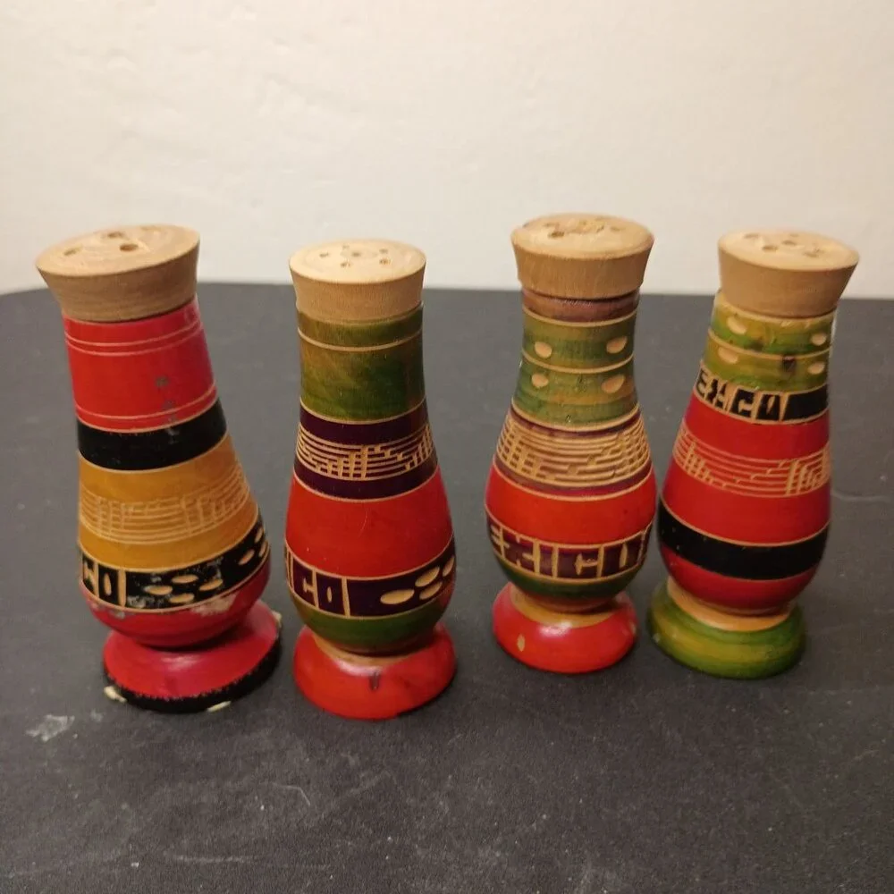 2 Sets VTG Hand-Painted Mexico Wooden Salt & Pepper Shakers Colorful 1958